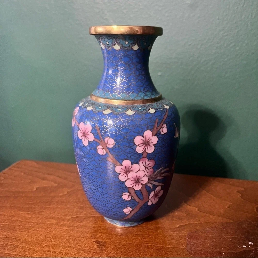 Vintage Chinese Cloisonne Bud Vase Blue Pink Gold Enamel Floral Peony Bird 6